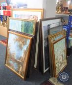 Twenty various pictures and prints including needlework, oil on canvas etc.