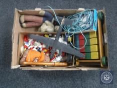 A Morse code tapper together with Tri-ang pull along trolley with blocks etc