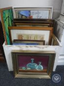 A box of eighteen pictures and prints, oils on canvas etc.