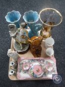 A tray of three piece Maling Rosine trinket set on tray together with a further Maling trinket tray,