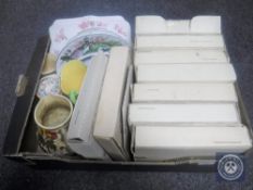 A box of collector's plates, Myott wall plaques, Burleigh ware jug,