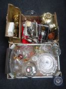 Two boxes of table cutlery, brass magazine rack, plated glass ware,