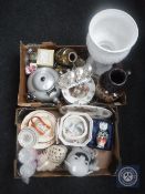 Three boxes of china, West German vase, jardiniere on stand,