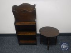 A set of oak Arts and Crafts magazine bookshelves and a lamp table on bobbin legs