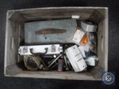 A wooden case containing metal tool box containing ring spanners,