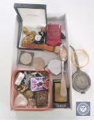 A box of assorted cons, Zippo lighter, pen knives, costume jewellery, Lucas No.