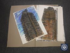 Donald James White : Tower, colour chalks, signed with initials, dated 3/7/90, 71 cm x 50 cm,