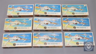 Nine Airfix (1967) Angel Interceptor 72 Kit Series 2, all parts boxed.