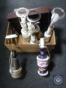 Six continental pottery table lamps and two wall racks