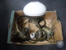 An Art Nouveau brass rise and fall hanging oil lamp chimney with shade