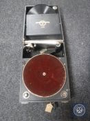 A table topped gramophone together with a box of 78's