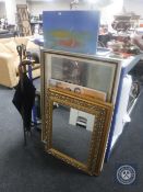 A wrought iron stand together with two parasols, antiquarian print, gilt framed mirror,