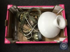 A brass Art Nouveau brass rise and fall hanging oil lamp with shade