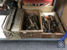 A vintage metal concertina work box and two pine boxes containing vintage and later hand tools