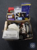 Four boxes of miscellaneous china, stainless steel tea set, cordless keyboard,