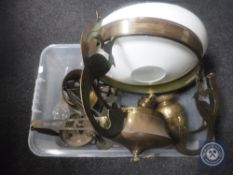 An Art Nouveau brass rise and fall hanging oil lamp with shade