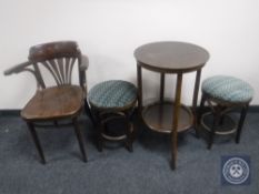 A Bentwood two tier bar table with armchair and pair of Bentwood bar stools