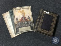 A mid 19th century leather bound family bible together with three Bibbys annuals 1912,