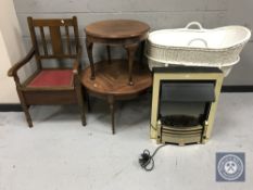 An oak commode armchair, mahogany coffee table,