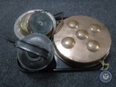 A tray of antique copper ware, kettle,