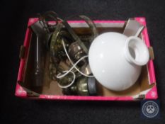 An ornate brass six way light fitting and a pair of matching twin wall lights