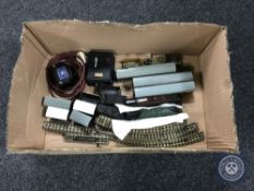 A box containing a quantity of Hornby Dublo collectables including rolling stock, coaches,