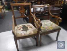 Two antique continental tapestry seated armchairs
