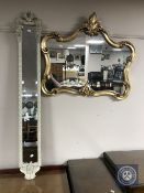 A gilt framed mirror and a cream floral framed narrow mirror