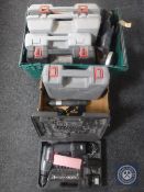 Two boxes of power tools (mostly boxed) including McAllister angle grinder, Performance jigsaw,