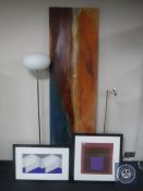 A large unframed wall canvas together with two contemporary framed prints and two floor lamps