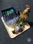 A tray of pottery cockerel figure, assorted wall plates, celery vase,