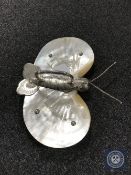 A continental silver and mother of pearl serving dish in the form of a bee, marks to base.