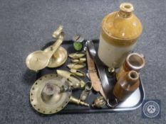 A tray of brass ware, leather belt, stoneware flagon,