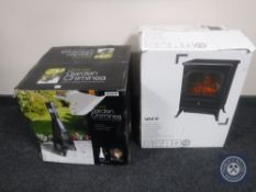A boxed garden chiminea together with an electric fire in the form of a stove