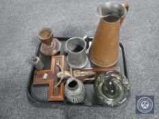 A tray of crucifix, art glass ash tray,