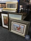 Six framed pictures and a wall canvas - oil of Durham Cathedral by Levitt,