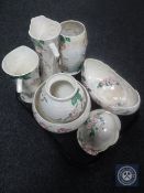 A tray of eight pieces of Maling lustre pink rose patterned pottery