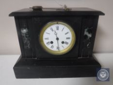 A Victorian slate and marble mantel clock with enamel dial,