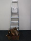 A set of aluminium folding steps, brass reel, box of tool box,