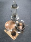 A tray of antique copper ware - oil lamp, pan on stand, lion mask handle planter,