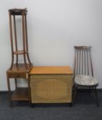 An oak topped wicker storage box, an oak two tier side table fitted a drawer,