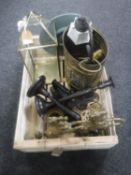A box of assorted brass ware - two horses, lantern, bin, flat iron,