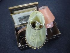 A box of pair of marble table lamps, brass table lamp, wooden fruit bowl, table mats,