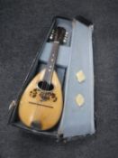 A cased eight string bowl back mandolin