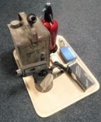 A tray of vintage soda siphon with accessories,