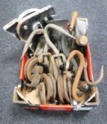 A box of two industrial letters, marmalade slicer, vintage meat mincer,