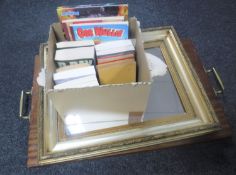 A large mahogany twin handled serving tray together with a gilt framed mirror,