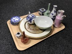 A tray of mixed Oriental items including antique Chinese blue and white teapot