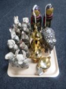 A tray of hardwood and ivory elephant, three piece plated Arabic tea service,