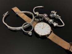 A box containing Pandora bracelet, 9ct gold earring, gent's Jasper Conran wristwatch, silver ring,